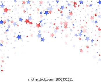 American Independence Day stars background. Holiday confetti in USA flag colors for Presidents Day. Poster red blue white stars on white American patriotic vector. July 4th stardust elements.