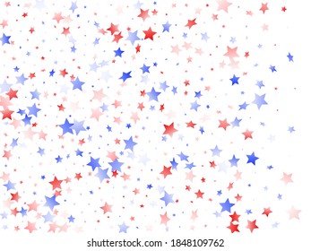 American Independence Day stars background. Holiday confetti in USA flag colors for Presidents Day.  Poster red blue white stars on white American patriotic vector. 4th of July stardust confetti.