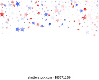 American Independence Day stars background. Confetti in US flag colors for Independence Day. Minimal red blue white stars on white American patriotic vector. Fourth of July stardust scatter.