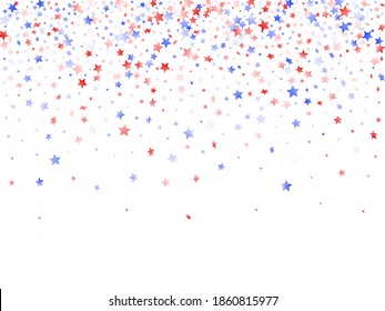 American Independence Day stars background. Holiday confetti in USA flag colors for Patriot Day. Poster red blue white stars on white American patriotic vector. July 4th holiday stardust.