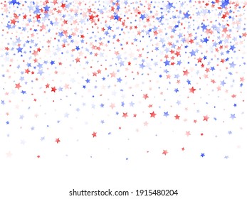 American Independence Day stars background. Confetti in US flag colors for Independence Day.  Gradient red blue white stars on white American patriotic vector. 4th of July stardust scatter.