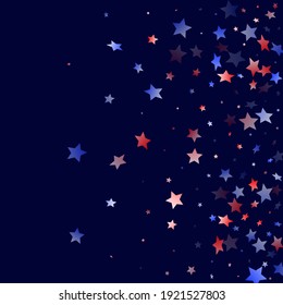 American Independence Day stars background. Holiday confetti in USA flag colors for Presidents Day. Trendy red blue white stars on dark American patriotic vector. 4th of July stardust scatter.