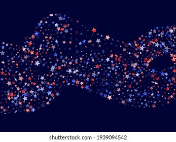 American Independence Day stars background. Holiday confetti in US flag colors for Patriot Day.  Festive red blue white stars on dark American patriotic vector. 4th of July stardust scatter.