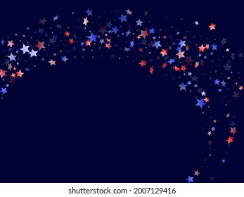 American Independence Day stars background. Holiday confetti in USA flag colors for Patriot Day. Solemn red blue white stars on dark American patriotic vector. July 4th stardust elements.