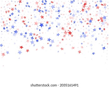 American Independence Day stars background. Holiday confetti in US flag colors for President Day. Poster red blue white stars on white American patriotic vector. July 4th stardust confetti.