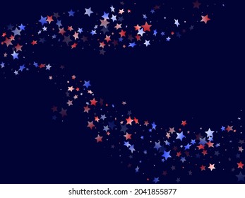 American Independence Day stars background. Holiday confetti in USA flag colors for Patriot Day.  Simple red blue white stars on dark American patriotic vector. July 4th holiday stardust.