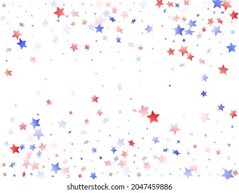 American Independence Day stars background. Holiday confetti in US flag colors for President Day.  Stylish red blue white stars on white American patriotic vector. July 4th holiday stardust.