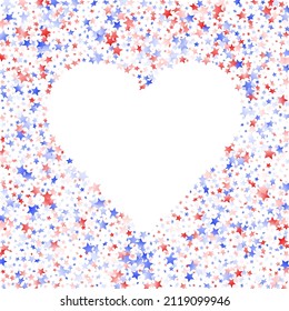 American Independence Day stars background. Confetti in US flag colors for Independence Day. Bright red blue white stars on white American patriotic vector. July 4th stardust confetti.
