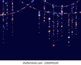 American Independence Day stars background. Holiday confetti in USA flag colors for Presidents Day.  Navy red blue white stars on dark American patriotic vector. 4th of July holiday stardust.