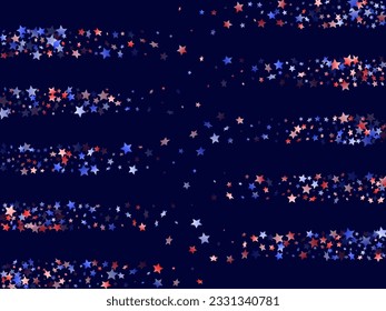 American Independence Day stars background. Holiday confetti in USA flag colors for Presidents Day.  Vivid red blue white stars on dark American patriotic vector. Fourth of July stardust scatter.