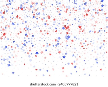 American Independence Day stars background. Confetti in US flag colors for Independence Day.  Poster red blue white stars on white American patriotic vector. Fourth of July stardust scatter.