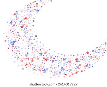 American Independence Day stars background. Holiday confetti in US flag colors for Patriot Day.  Festive red blue white stars on white American patriotic vector. 4th of July stardust confetti.