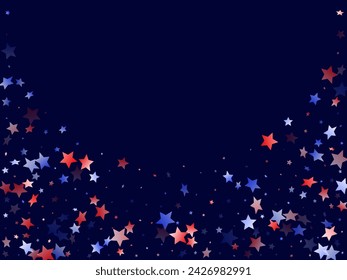 American Independence Day stars background. Holiday confetti in USA flag colors for Patriot Day. Vivid red blue white stars on dark American patriotic vector. July 4th stardust elements.