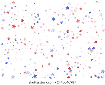 American Independence Day stars background. Holiday confetti in USA flag colors for Presidents Day.  Solemn red blue white stars on white American patriotic vector. July 4th stardust confetti.