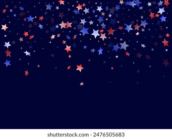 American Independence Day stars background. Confetti in USA flag colors for Independence Day. Navy red blue white stars on dark American patriotic vector. July 4th stardust elements.