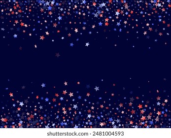American Independence Day stars background. Holiday confetti in US flag colors for President Day.  Vivid red blue white stars on dark American patriotic vector. July 4th stardust elements.