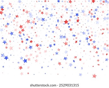 O Dia da Independência Americana é estrelado no fundo. Confete de férias em cores da bandeira dos EUA para o Dia dos Presidentes.  Solene vermelho estrelas brancas azuis no vetor patriótico americano branco. 4 de julho de stardust espalhar.