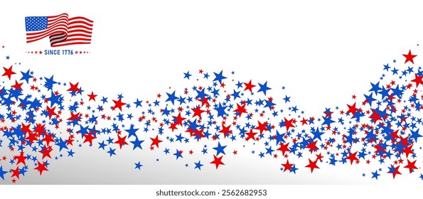 American Independence Day stars background. 4th of July stardust scattered. Red blue star confetti in USA flag color for Independence Day. Vector USA flag colors. Flying star sparkles american symbols