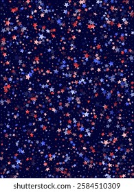 American Independence Day stars background. Confetti in US flag colors for Independence Day.  Gradient red blue white stars on dark American patriotic vector. July 4th stardust elements.