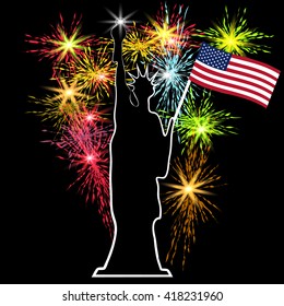 American Independence Day, the Statue of Liberty on the background of fireworks, US symbols, vector illustration