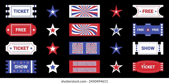 Pegatinas e insignias del Día de la Independencia de Estados Unidos, Elementos de diseño, entradas y Anuncios. Etiquetas decorativas. Ilustración vectorial.