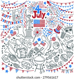 American Independence Day themed doodle set  National symbols Fourth July  festival traditional attributes   decorations  popular activities   food   snacks  Isolated over white background 