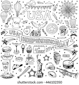American Independence Day themed doodle set. National symbols of Fourth of July.