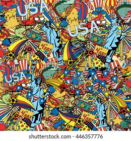 American Independence Day themed doodle collage. National symbols of Fourth of July.