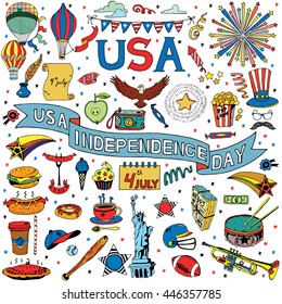 American Independence Day themed doodle set. National symbols of Fourth of July.