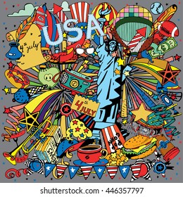 American Independence Day themed doodle collage. National symbols of Fourth of July.