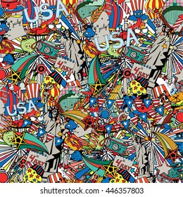 American Independence Day themed doodle collage. National symbols of Fourth of July.