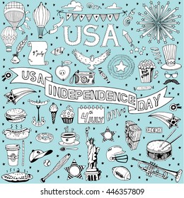 American Independence Day themed doodle set. National symbols of Fourth of July.