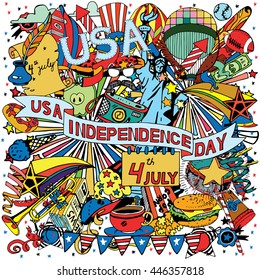 American Independence Day themed doodle collage. National symbols of Fourth of July.
