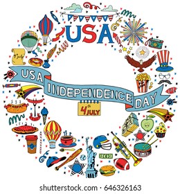 American Independence Day Themed Hand Drawn Doodle Set. National Symbols of Fourth of July.