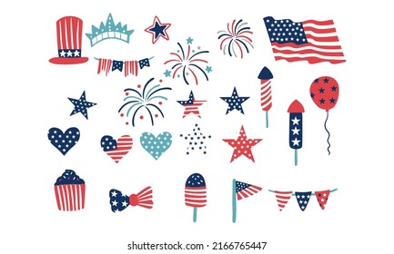 American Independence Day. US flag, star, love, fireworks vector collection.