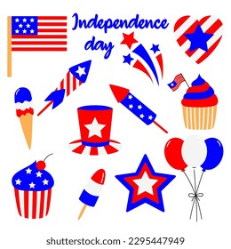 American Independence Day. US flag, star, cupcakes, fireworks, ice cream and heart collection. 4th july celebration.