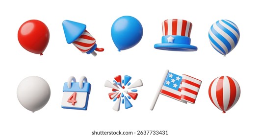 American Independence day vector 3D plastic style elements design. Render flag, hat, balloon, rocket, fireworks and calendar national celebration attributes and decorations. USA festive symbols