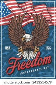American independence day vintage poster colorful with flying eagle and America flag for holiday decorations for 4th july vector illustration