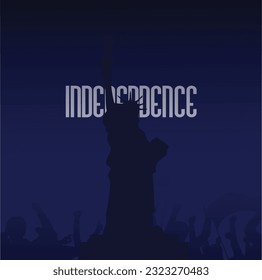 american independence design, with elements of the statue of liberty and the silhouette of a crowd of people