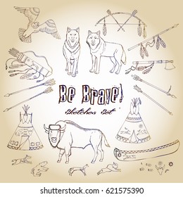 American Indian Background. Hand drawn sketches. Vector Illustration