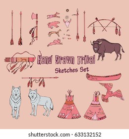 American Indian Background. Hand drawn sketches. Vector Illustration
