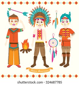 American Indian Boys Vector Design Illustration
