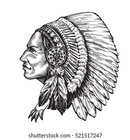 American indian chief. Hand-drawn sketch vector illustration