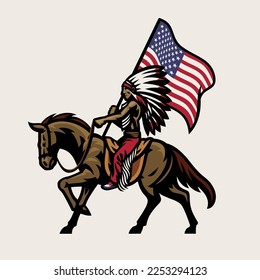 American Indian Chief Riding Horse and Hold the American Flag