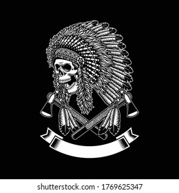 American Indian Chief Skull With Crossed Tomahawks On Black