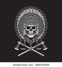 American Indian Chief Skull With Crossed Tomahawks On Black