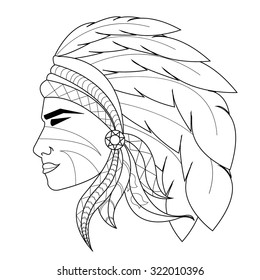 American Indian chief , vector illustration , Black white  ,tattoo design. Sketch for avatar, tattoo, poster, print or t-shirt,Ethnic