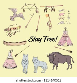 American Indian Clip Art.Hand drawn boho sketches. Vector Illustration