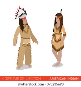 American Indian couple Tribal Chief Leader and girl. Flat 3d isometric web site vector illustration. People in traditional costume collection.