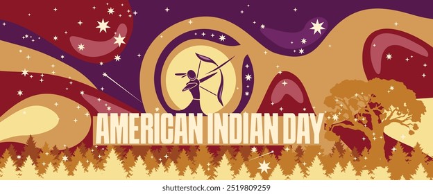 American Indian Day banner. Vector illustration of a Native American with a bow and arrow. Forest and sky with stars in the background.